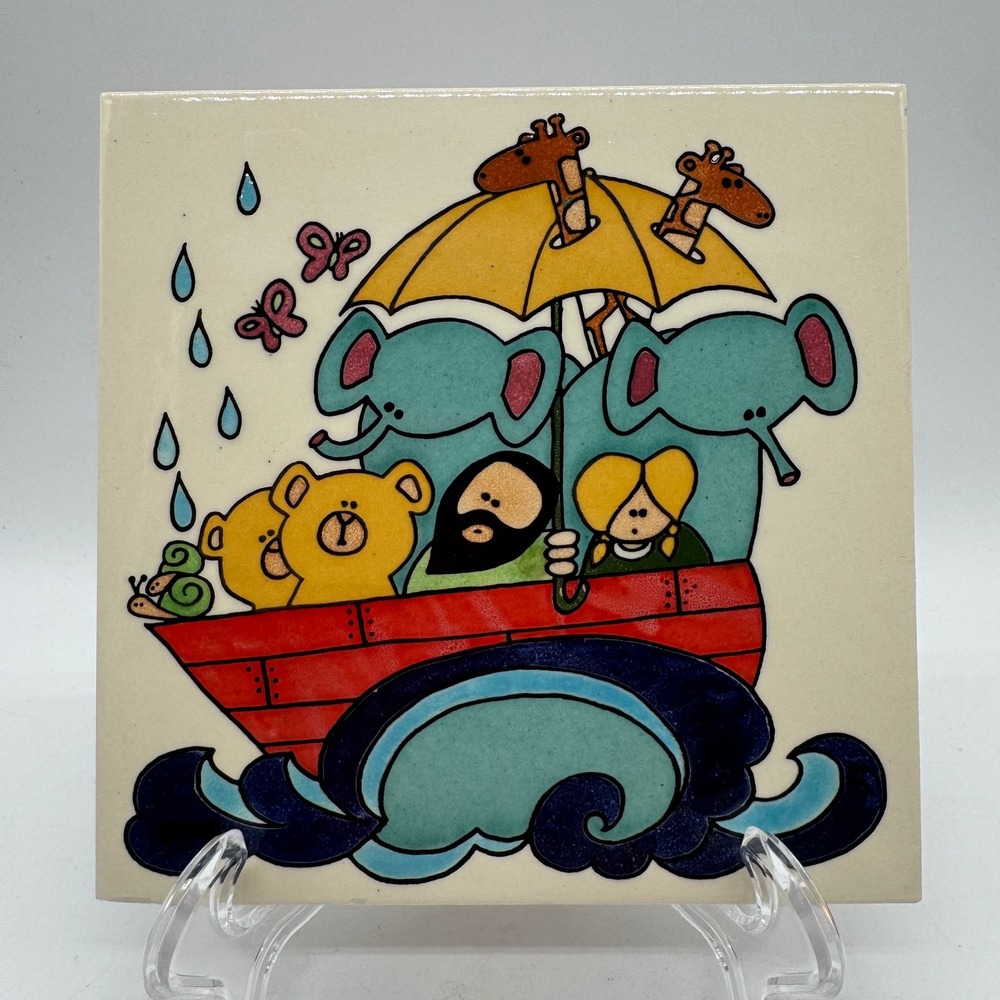 Vintage Karakashian Bros Jerusalem Pottery Noahs Ark Ceramic Art Tile Trivet 6x6